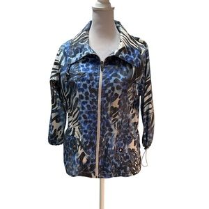 Sportelle Black, White, Blue Animal Print 3/4 Sleeve Elastic Waist Zip Jacket S